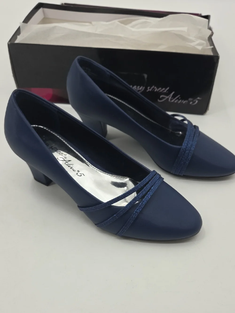 easy street Cristiny Navy Low Block Heel Pump with Glitter Straps